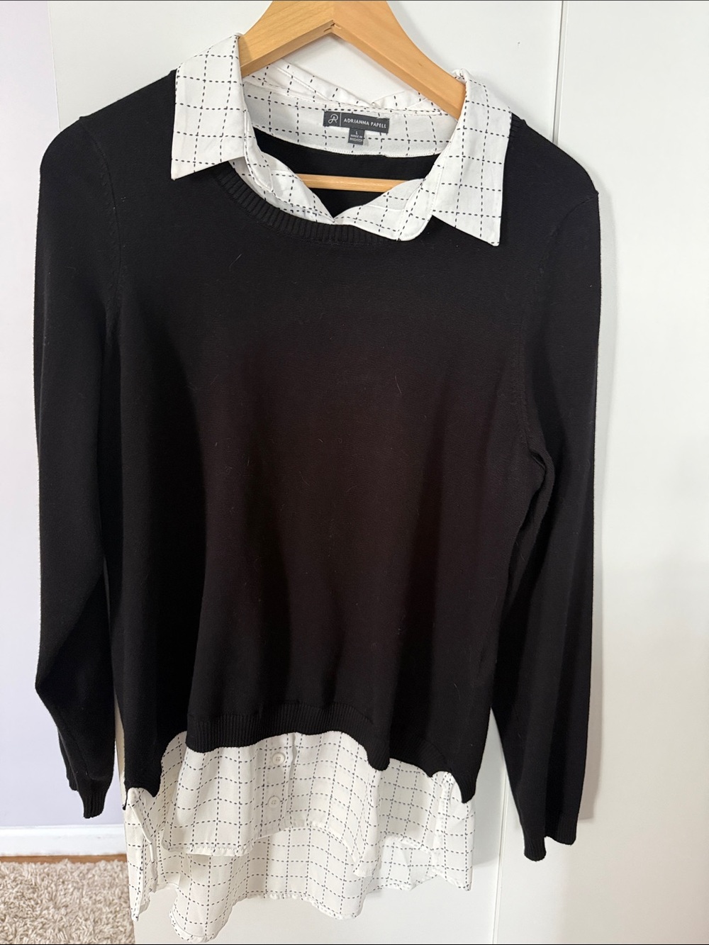 Adrianna Papell Black Crewneck Sweater with White Grid-Inset
